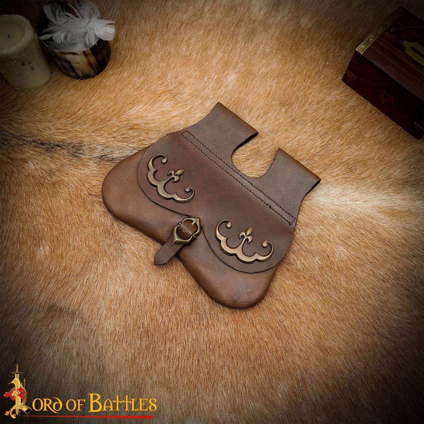 15th Century Kidney Pouch with Brass Fleur de Lys Mounts