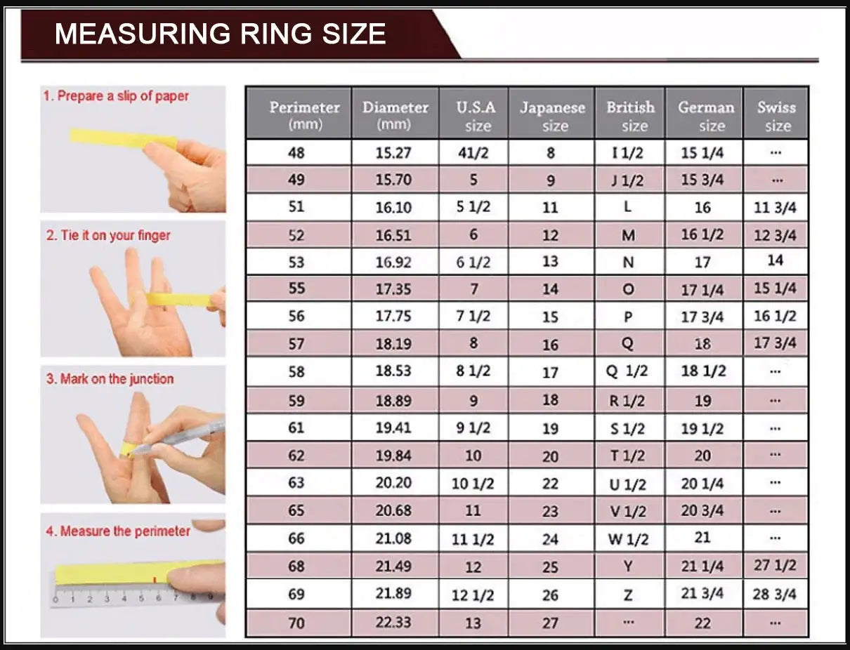 Ring size measurement chart displaying perimeter, diameter, and international ring size conversions for accurate fitting.