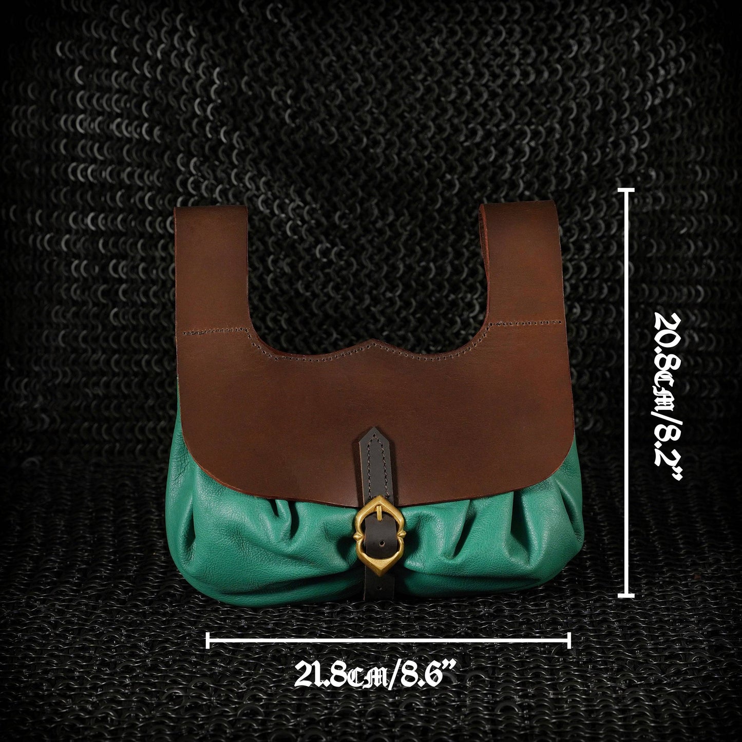 Green Leather Medieval Belt Pouch with Brass Buckle for re-enacting and LARP