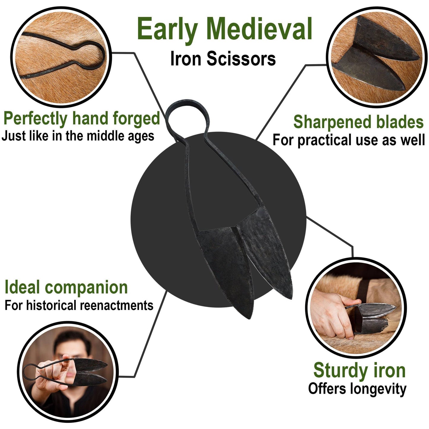 Early medieval Cast Iron Shears - 9 inch with sharp, hand-forged blades. Perfect for historical reenactments, sewing, and crafting needs.