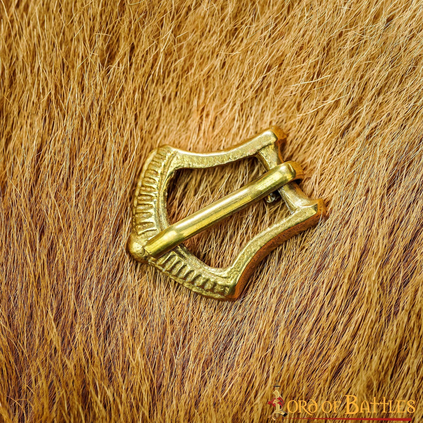 Small spade-shaped brass medieval buckle with Rus historic design, ideal for LARP or reenactment belts and crafting accessories.