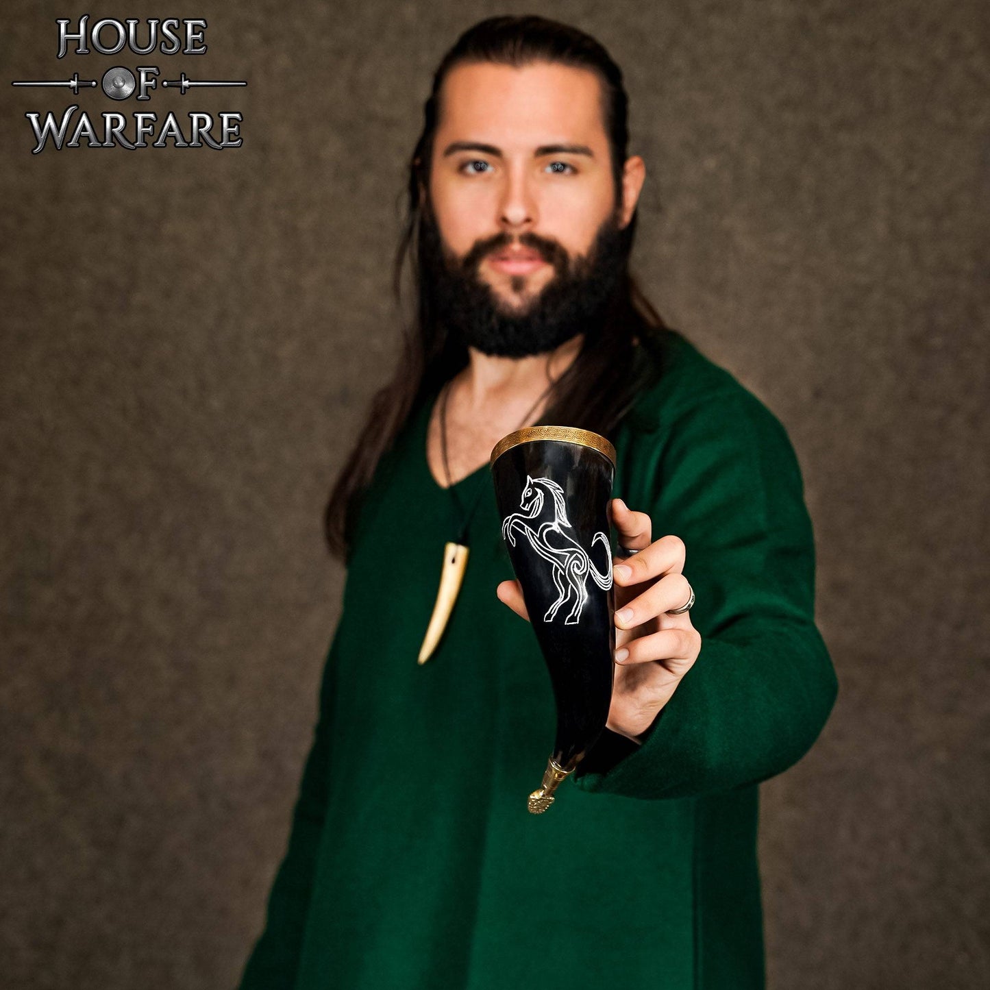 Engraved Viking Drinking Horn with Brass Decorations and a Horse Carving