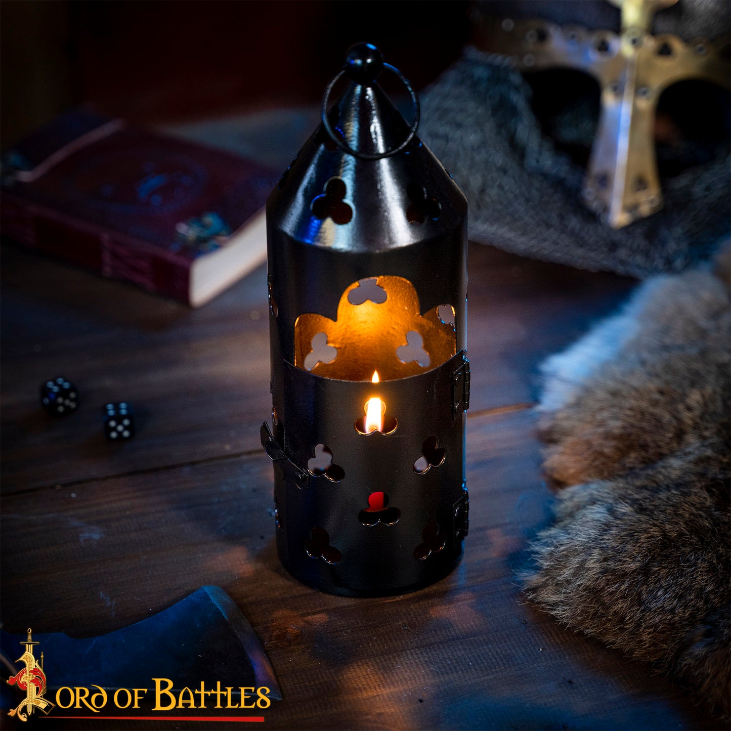 Black Metal Medieval Lantern with Trefoil Design