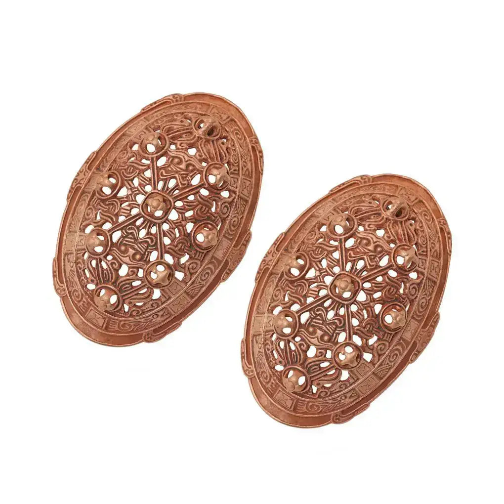 10th Century Replica Viking Turtle Brooch, cast in solid bronze with intricate Oseberg style patterns. A historic Viking jewelry piece for women.