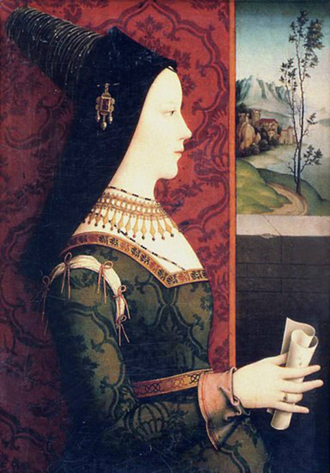 Historical painting of a noblewoman wearing a Renaissance Pendant Brooch, illustrating authentic 15th-century jewelry style.