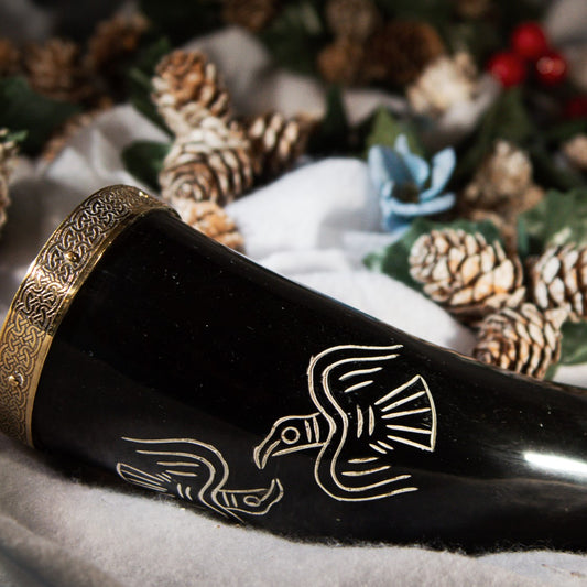 Viking Drinking Horn Gift - with Two Ravens Design