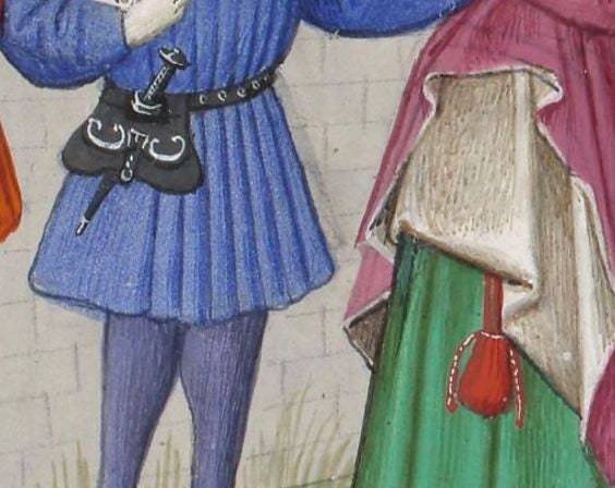 Medieval illustration showing a man wearing a pouch with kidney shaped brass purse fittings, used as reference for historical costume design.