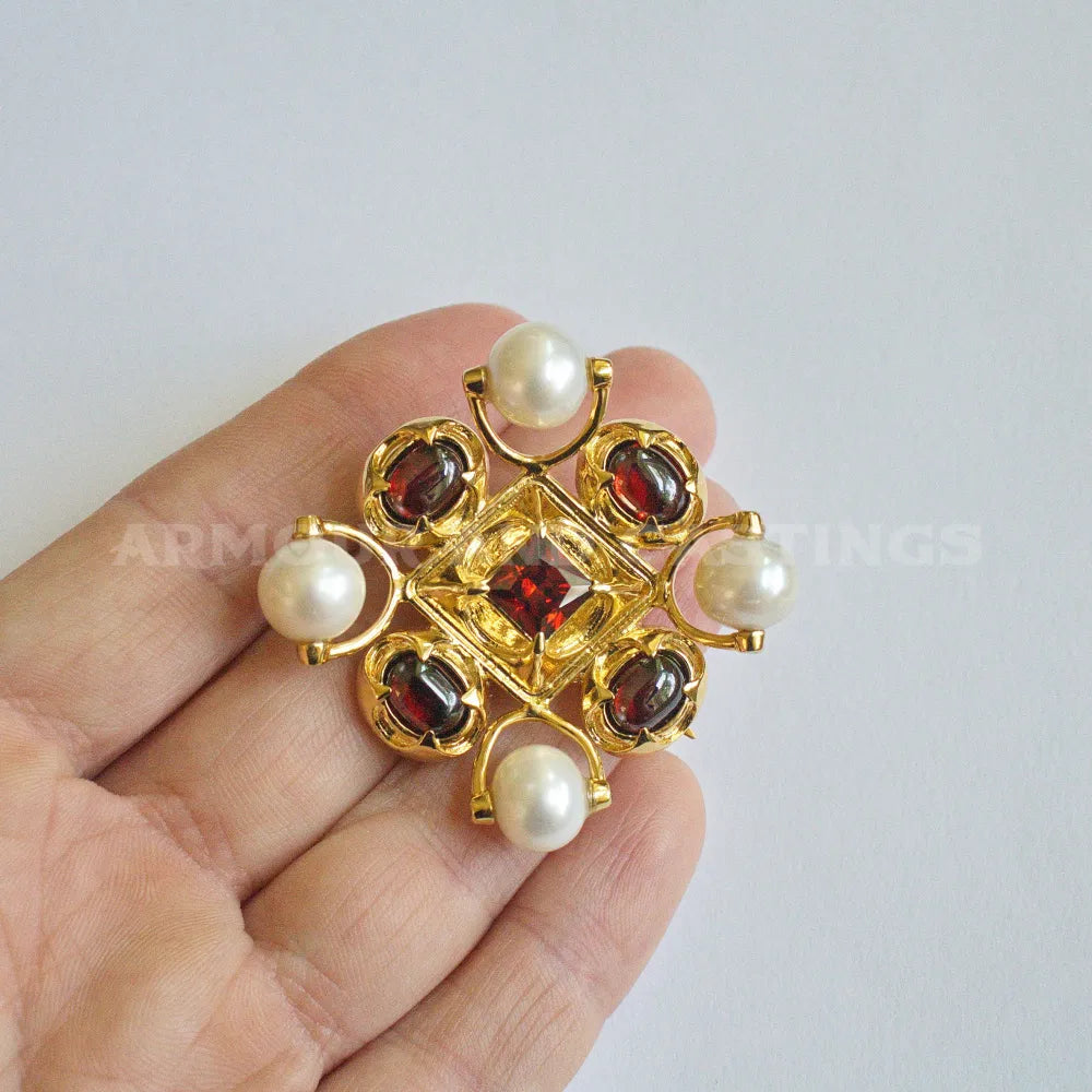 15th Century Dutch Replica Brooch - Pearls and ruby-red glass