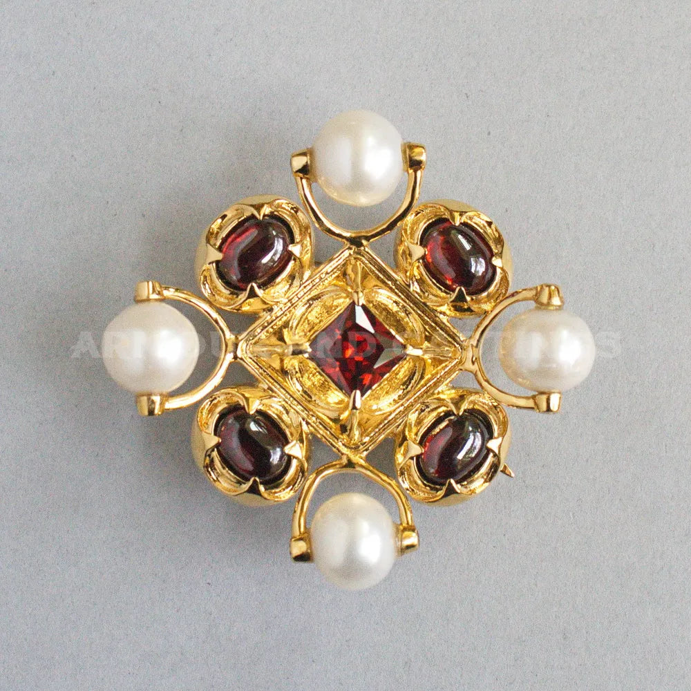 15th Century Dutch Replica Brooch - Pearls and ruby-red glass