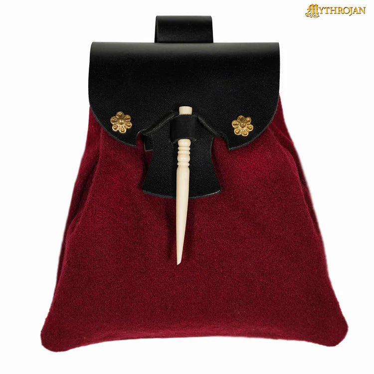 Medieval-style Canvas, Wool and Leather Pouch with Bone Toggle