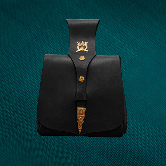 Pochette marron du XVe siècle avec montures Fleur de Lys en laiton antique