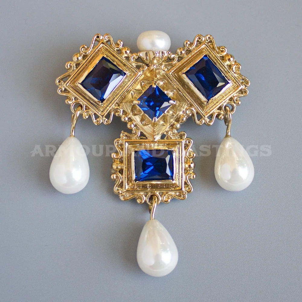 James the 1st Renaissance Brooch with 4 Pearls a Ruby-Red Glass Gems