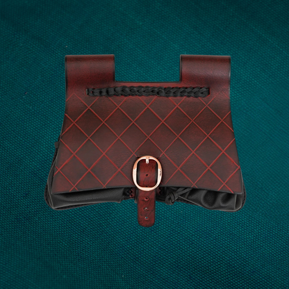 Diamond Patterned Maroon and Black Medieval Leather Pouch
