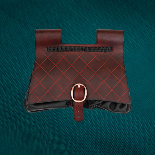Diamond Patterned Maroon and Black Medieval Leather Pouch