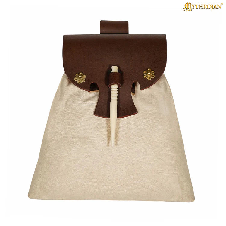 Medieval-style Canvas, Wool and Leather Pouch with Bone Toggle