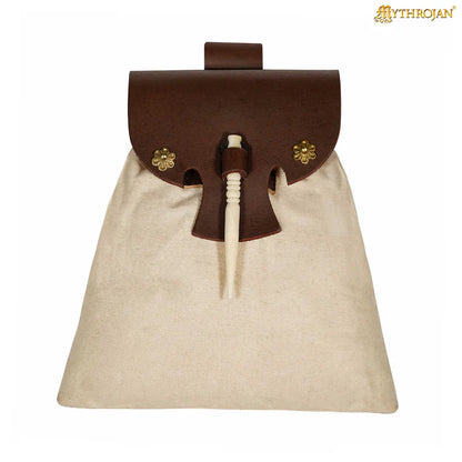 Medieval-style Canvas, Wool and Leather Pouch with Bone Toggle