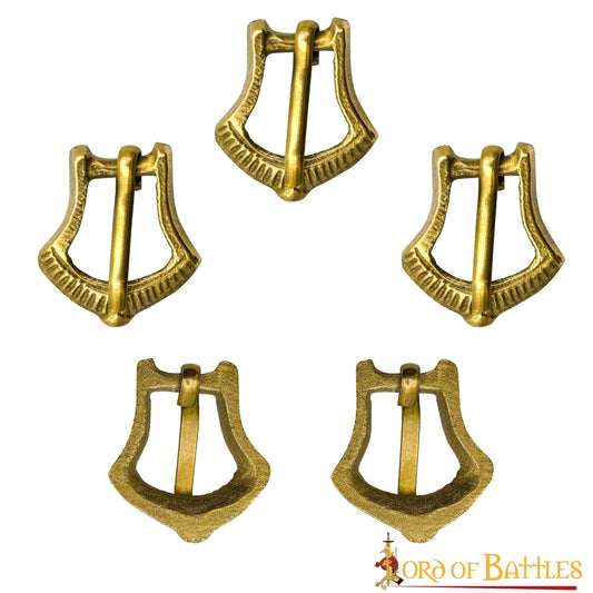 Set of 5 small spade-shaped brass medieval buckles with Rus-inspired historic design, ideal for crafting or LARP costume accessories.