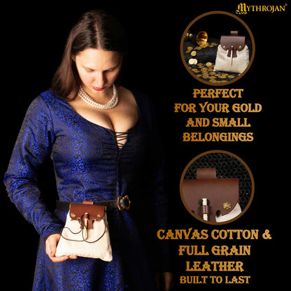 Medieval-style Canvas, Wool and Leather Pouch with Bone Toggle