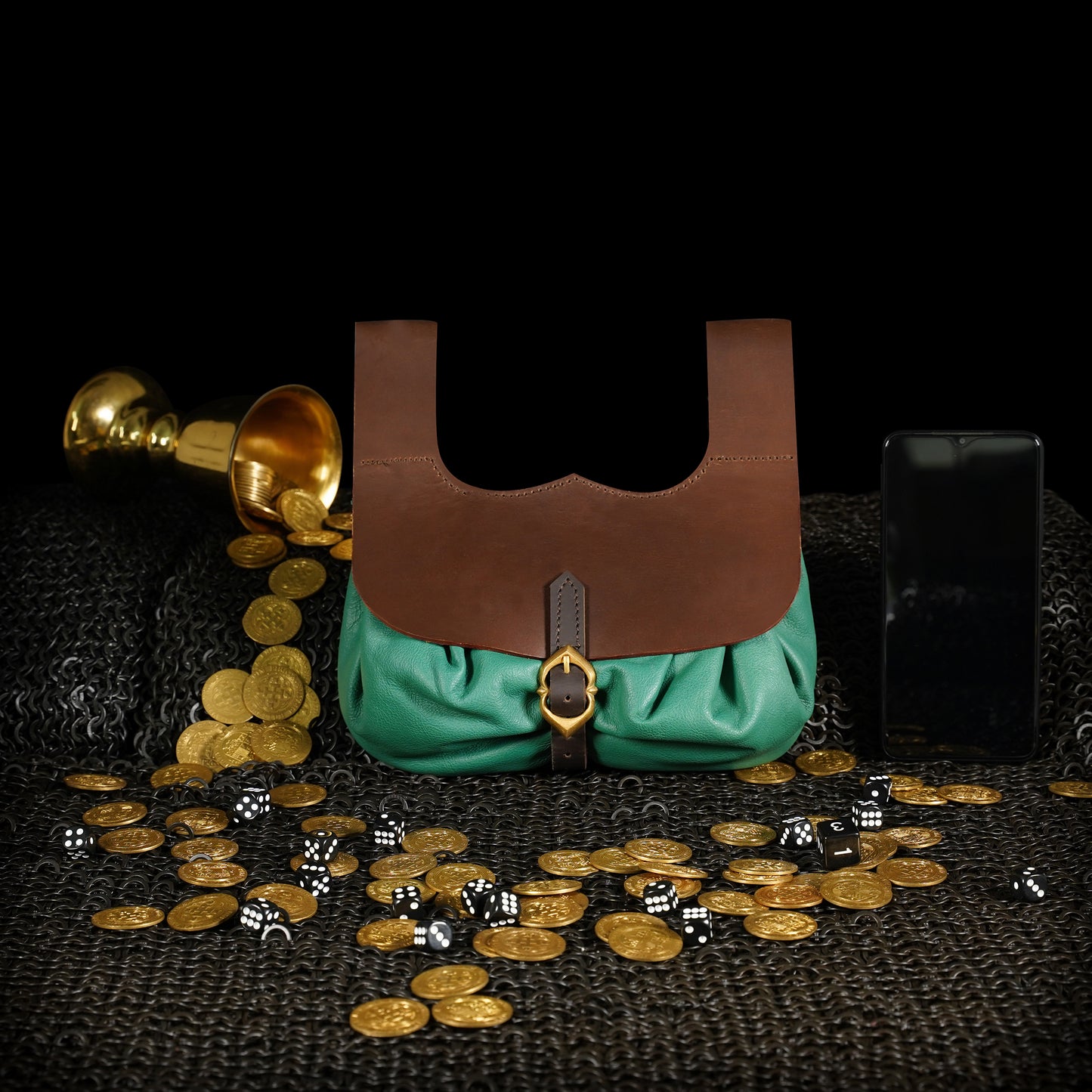 Green Leather Medieval Belt Pouch with Brass Buckle for re-enacting and LARP