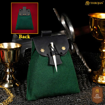 Medieval-style Canvas, Wool and Leather Pouch with Bone Toggle