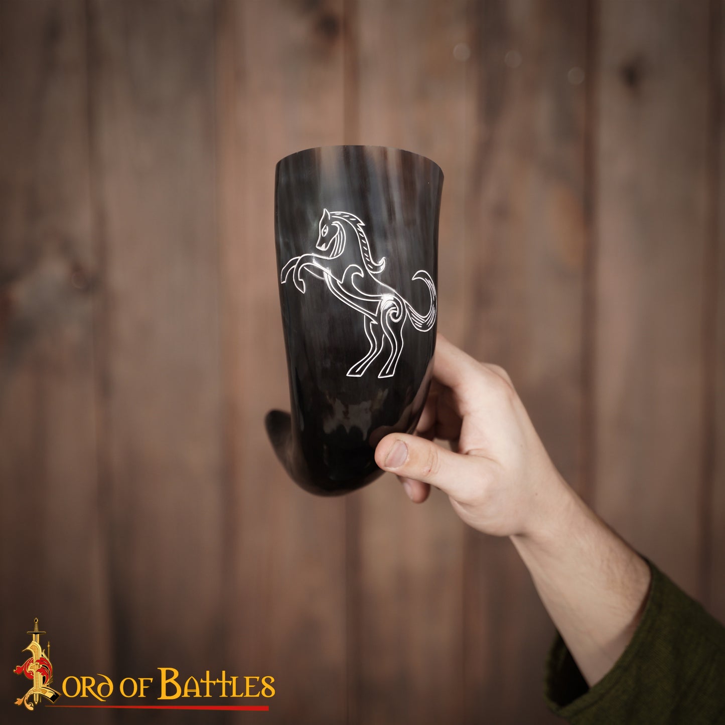 Viking Drinking Horn with Engraved Stallion