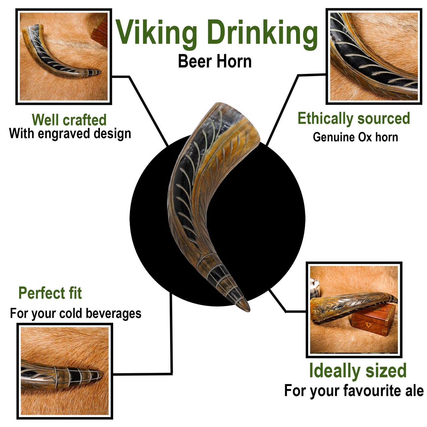Black and Tan Engraved Drinking Horn - Real Ox Horn