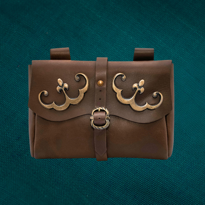 15th Century Brown Pouch with Antique Brass Fleur de Lys Mounts