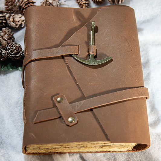 Captain's Journal Book in Dark Brown Leather with anchor on cover
