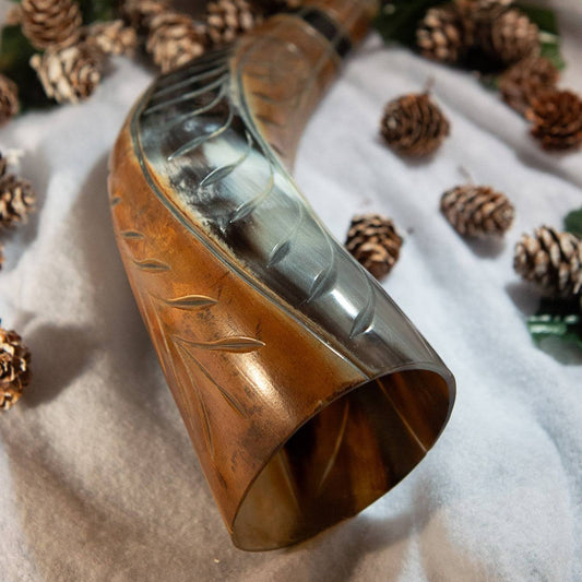 Black and Tan Engraved Drinking Horn - Real Ox Horn