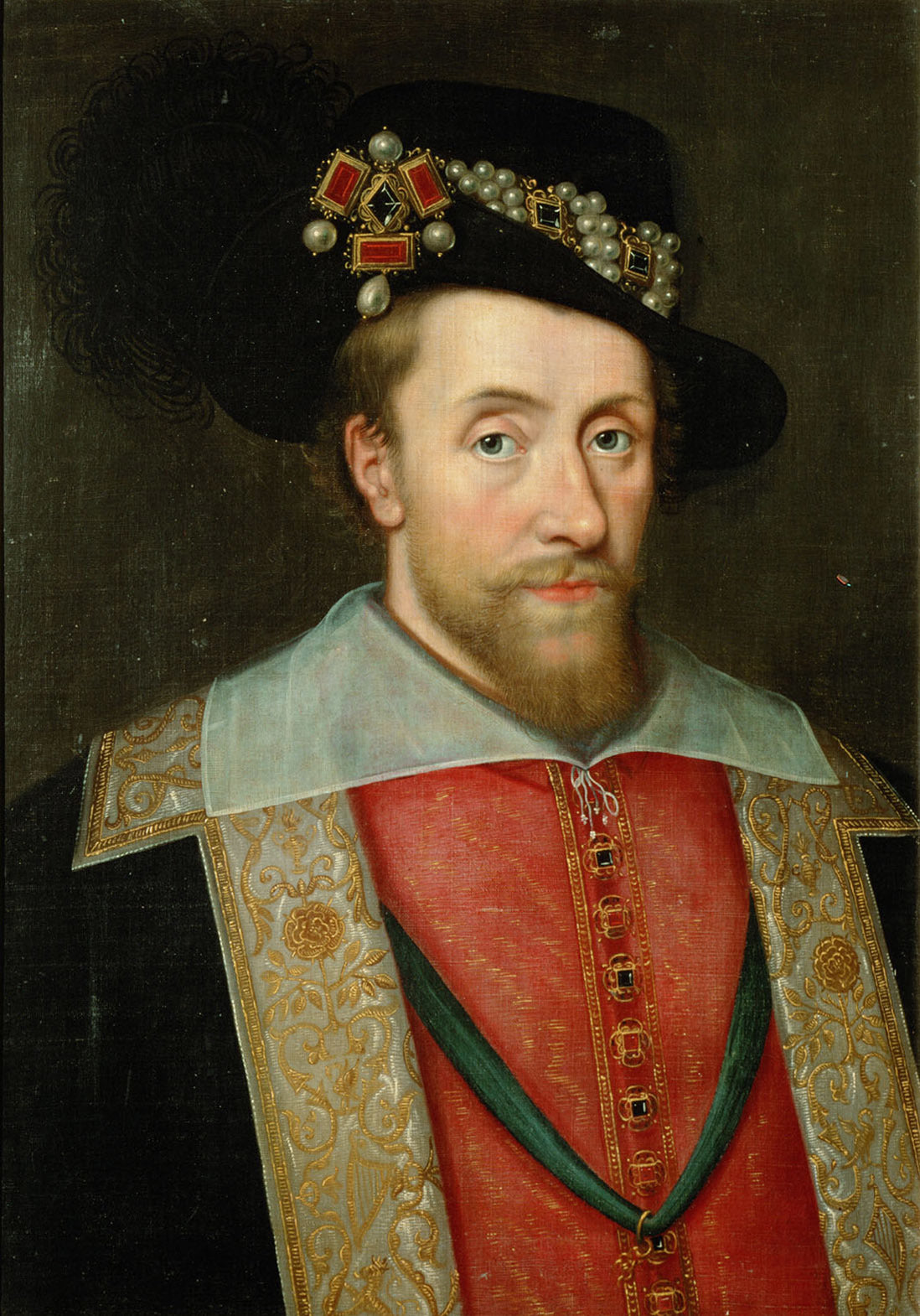 James the 1st Renaissance Brooch with 4 Pearls a Ruby-Red Glass Gems