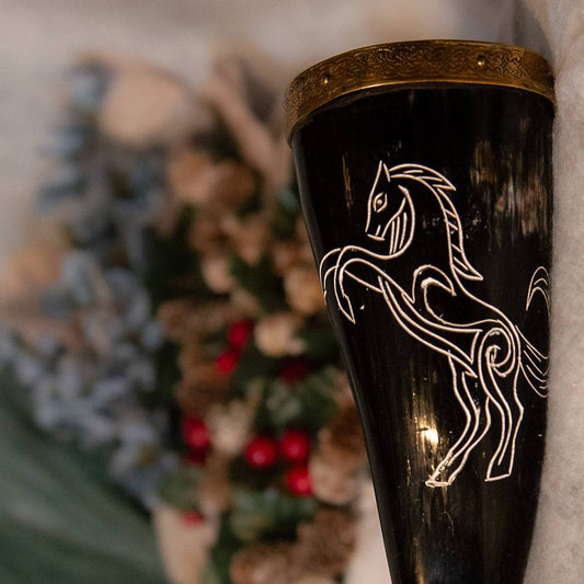 Engraved Viking Drinking Horn with Brass Decorations and a Horse Carving