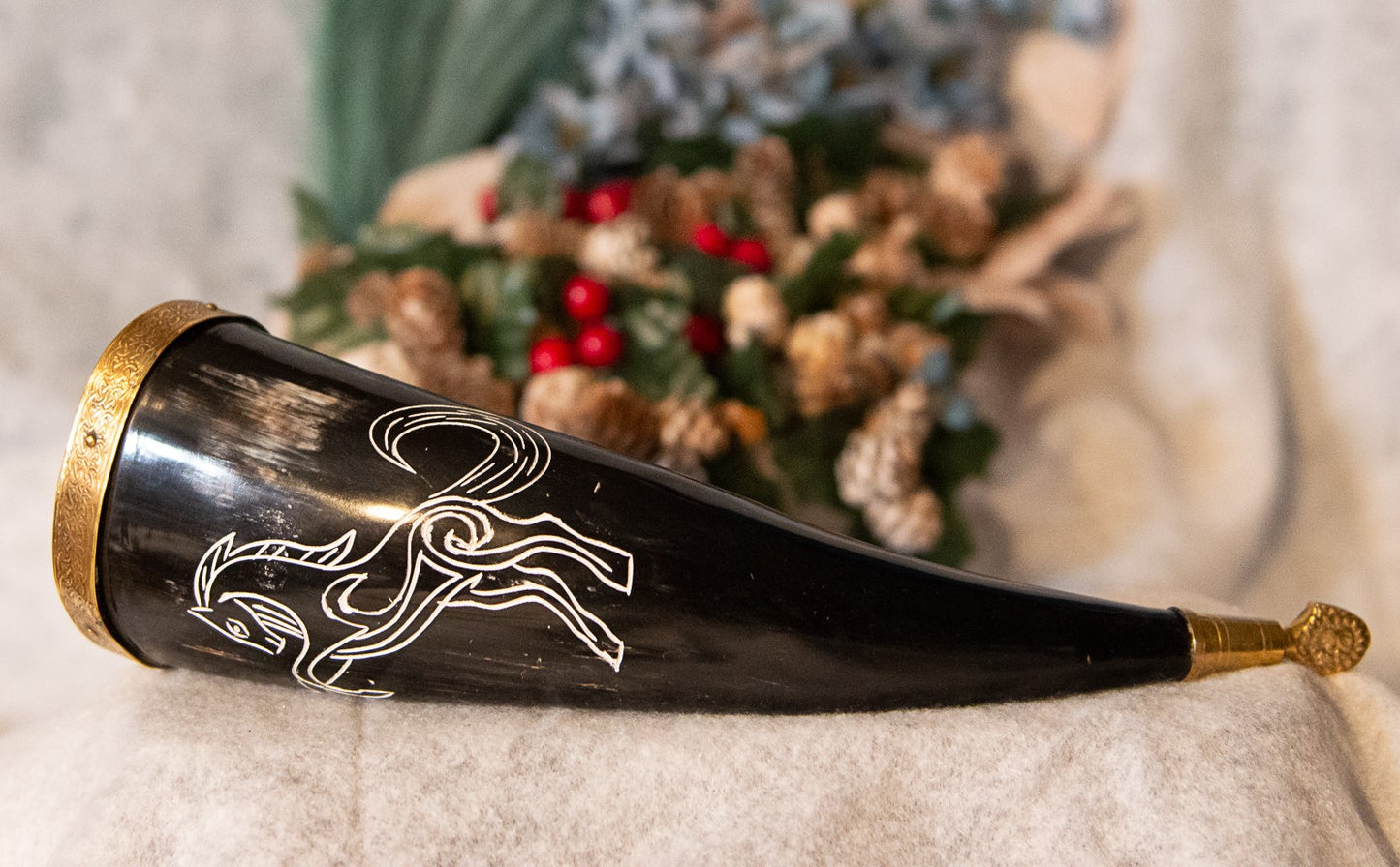 Engraved Viking Drinking Horn with Brass Decorations and a Horse Carving