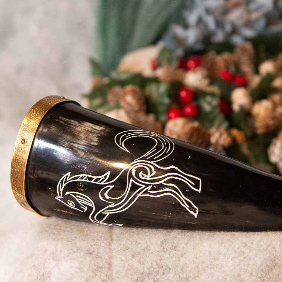 Engraved Viking Drinking Horn with Brass Decorations and a Horse Carving