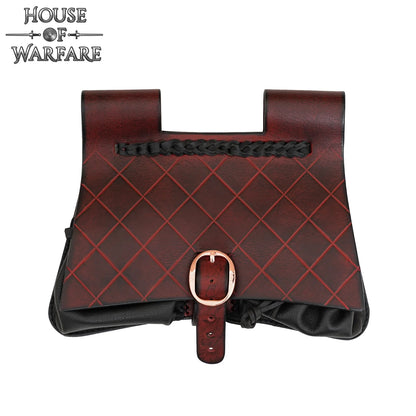 Diamond Patterned Maroon and Black Medieval Leather Pouch