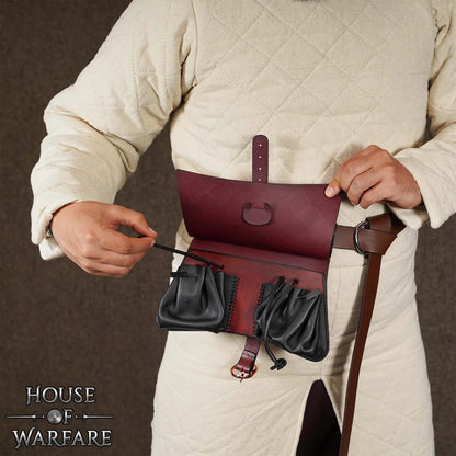 Diamond Patterned Maroon and Black Medieval Leather Pouch
