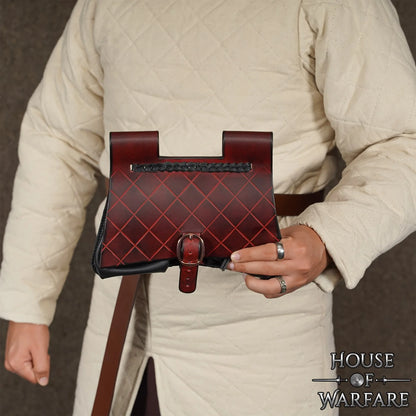 Diamond Patterned Maroon and Black Medieval Leather Pouch