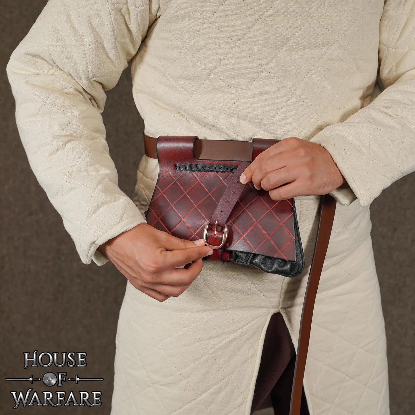 Diamond Patterned Maroon and Black Medieval Leather Pouch