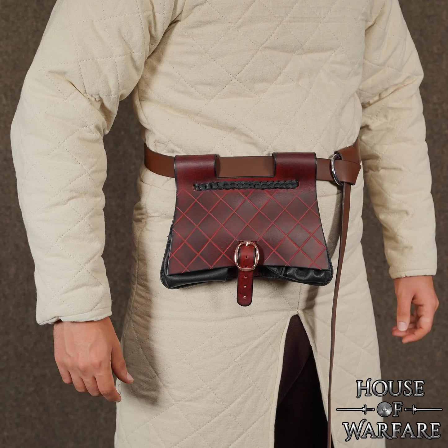 Diamond Patterned Maroon and Black Medieval Leather Pouch