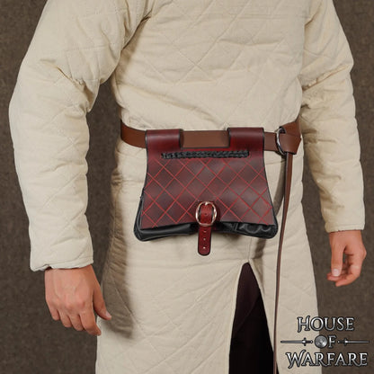 Diamond Patterned Maroon and Black Medieval Leather Pouch