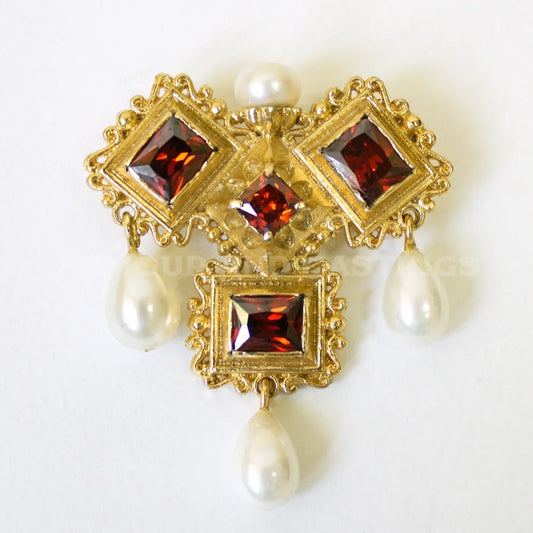 James the 1st Renaissance Brooch with 4 Pearls a Ruby-Red Glass Gems