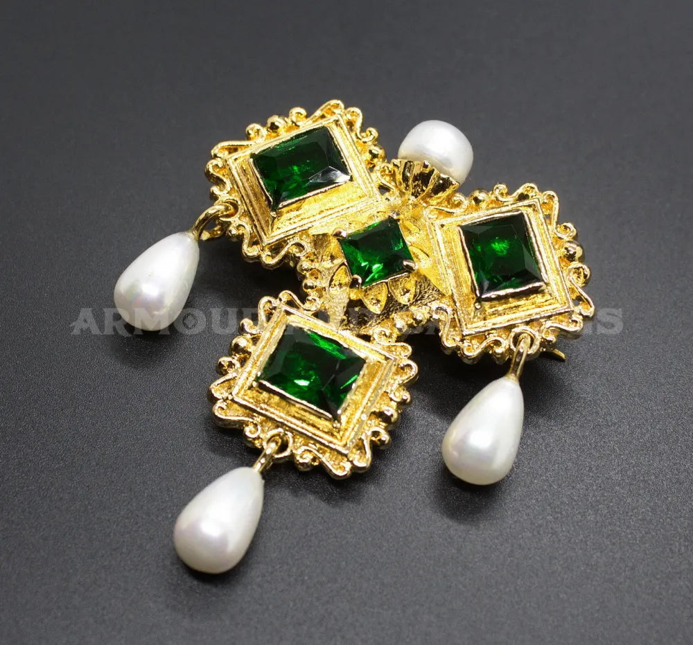 James the 1st Renaissance Brooch with 4 Pearls a Ruby-Red Glass Gems