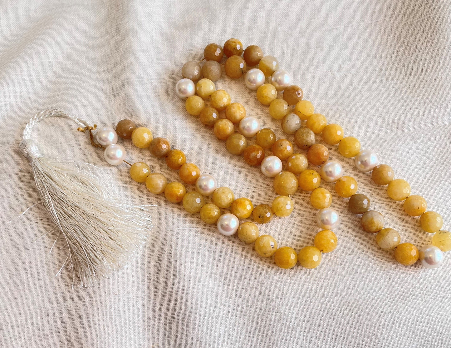 Yellow Agate Paternoster with Pearl Gauds