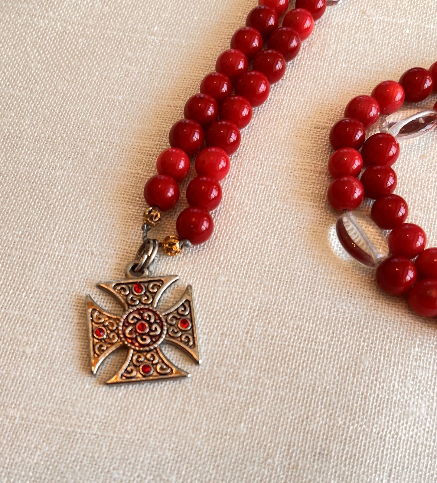 Red Coral Paternoster with Maltese Cross